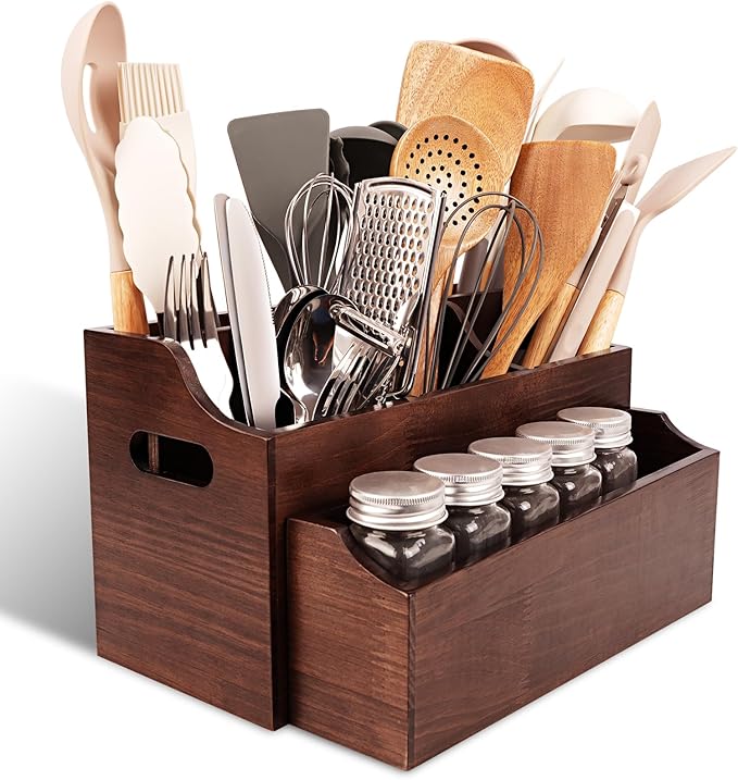 Wooden Kitchen Utensil Holder for Countertop, Large Utensil Organizer by DIOLOVE