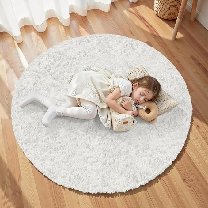 White Round Fluffy Rug 5ft, Soft Bedroom Circle Rugs Mats - Image 5