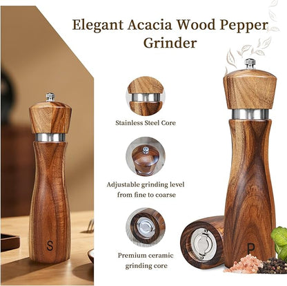 2 Pack Acacia Wood Salt and Pepper Grinder Set, Wooden Salt and Pepper Mill Set - Image 4