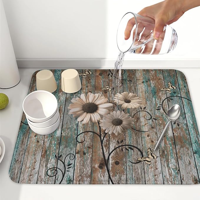 Dish Drying Mat for Kitchen Counter 16 x 18 Inch Rustic Vintage Daisy Floral - Image 6