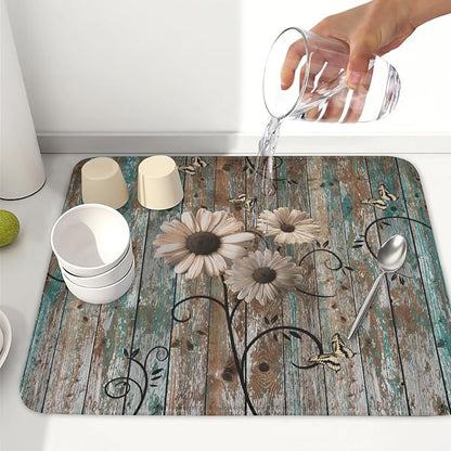Dish Drying Mat for Kitchen Counter 16 x 18 Inch Rustic Vintage Daisy Floral - Image 6