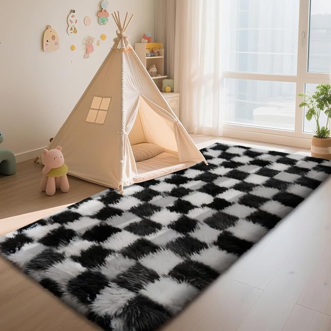 Checkered Rug for Bedroom, 2x4 Black and White Area Rugs, Classic Checkered - Image 3
