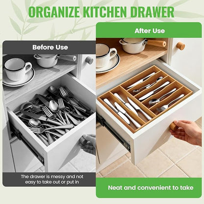 Bamboo Silverware Organizer, Bamboo Kitchen Drawer Cutlery Organizer, Utensil - Image 4