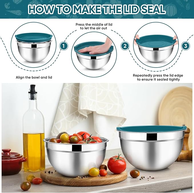 TeamFar Mixing Bowl Set of 5, Stainless Steel 4.5/3/1.5/1/0.7 QT Metal Nesting - Image 6