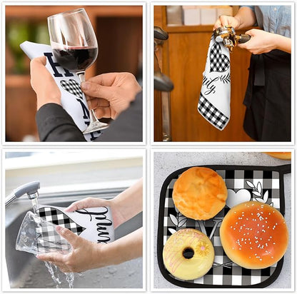5 Pieces Buffalo Plaid Kitchen Towels Oven Mitts and Pot Holder Set Black and - Image 7