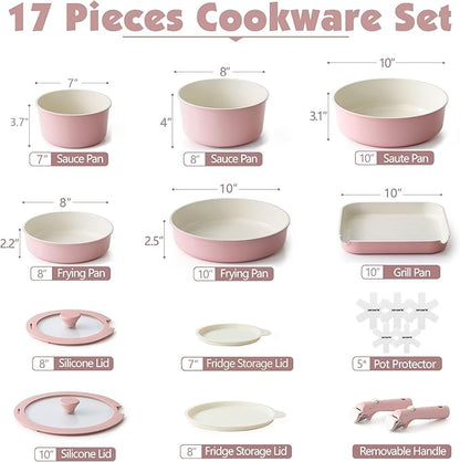 SENSARTE 17 Piece Ceramic Pots and Pans Set, Nonstick Detachable Handle Cookware - Image 2