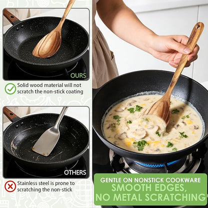 HOWHONG Corner Spoon Wooden Cooking Utensil, Long Handle Acacia Wood Spoon - Image 5