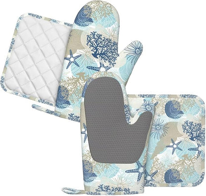 Nautical Coastal Oven Mitts and Pot Holders Set of 4 Silicone Starfish Seashell - Image 2