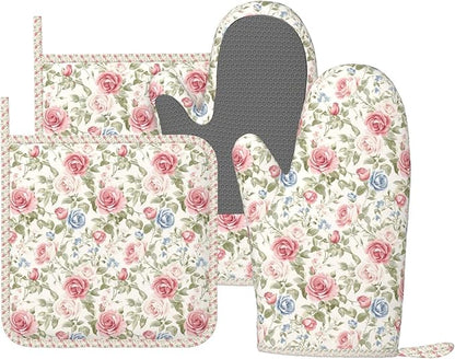 Oven Mitts and Pot Holders Flower Boho Rose Floral Silicone Kitchen Accessories by DADABULIU