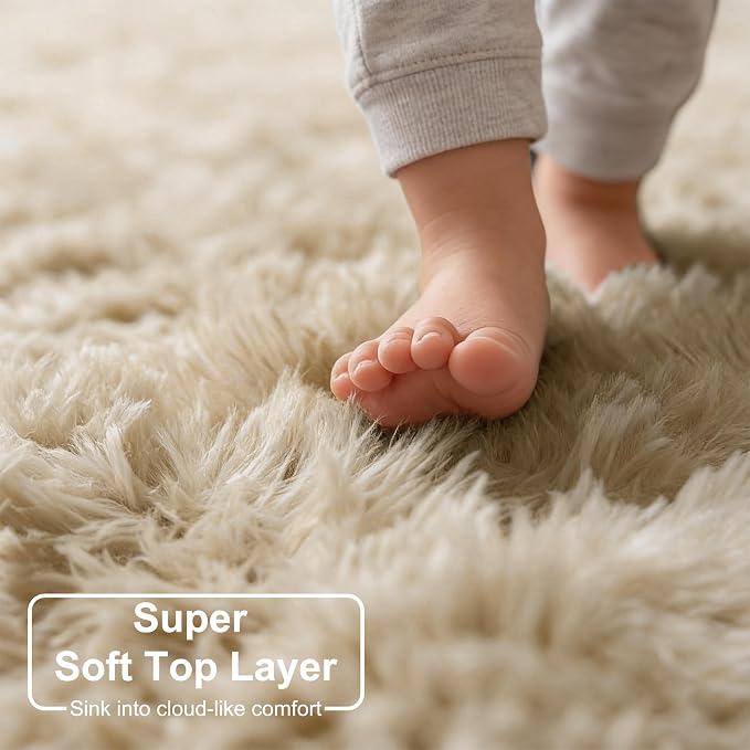 Amdrebio Beige Area Rugs for Bedroom Kids Room, 5x7 Fluffy Plush Shag Furry - Image 4