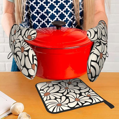 Boho Floral Pot Holders and Oven Mitts Set, Cute Black and Beige Kitchen Mitts - Image 7