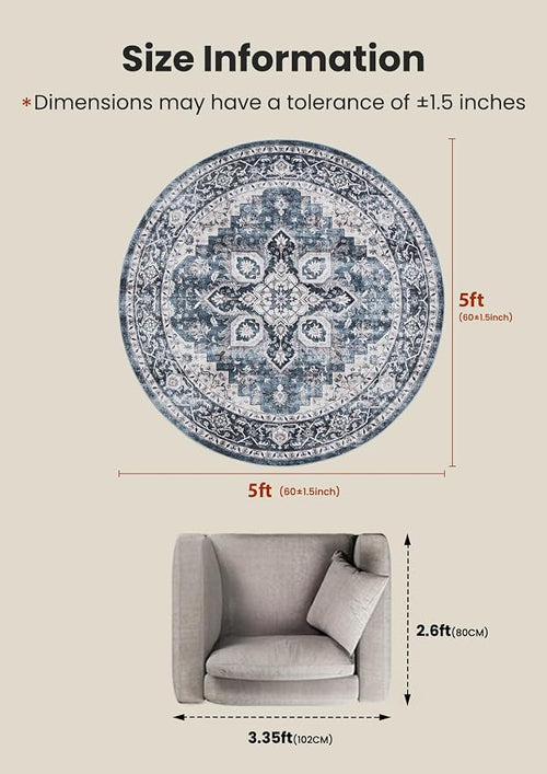 AMADA HOMEFURNISHING Round 5ft Area Rugs, Low-Profile Washable Rug - Image 2