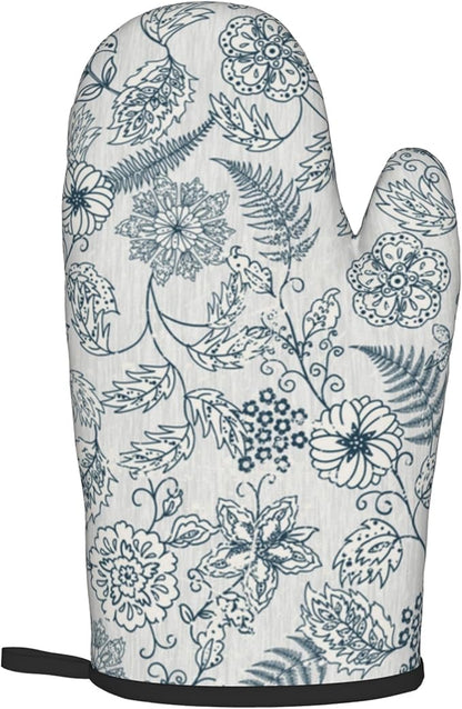 Blue Floral Oven Mitts Set – Vintage Pot Holders Kitchen Gloves - Image 8