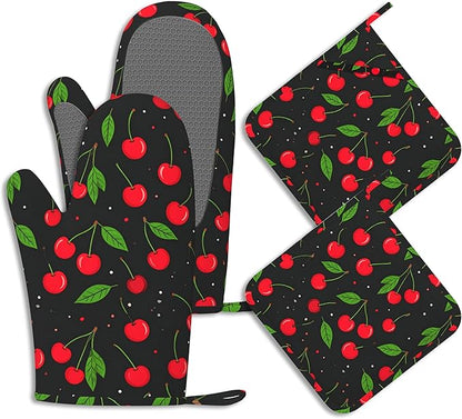 Oven Mitts and Pot Holders Sets Red Black Cherry Silicone Kitchen Mits by BIGXIUKA