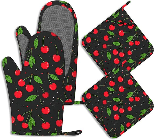 Oven Mitts and Pot Holders Sets Red Black Cherry Silicone Kitchen Mits by BIGXIUKA