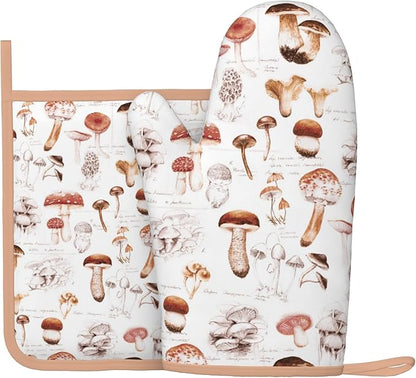 Mushroom Silicone Oven Mitts Pan Mats Set of 2, Heat Resistant Gloves Potholder by Cayiibe