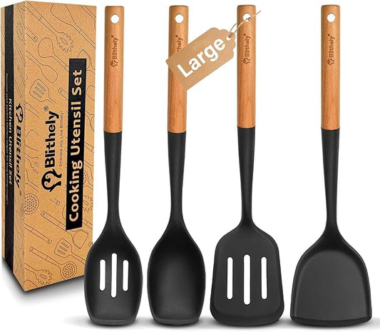 4PCS Silicone Cooking Utensils Set, Large Nonstick Spatula Spoons Set by Blithely