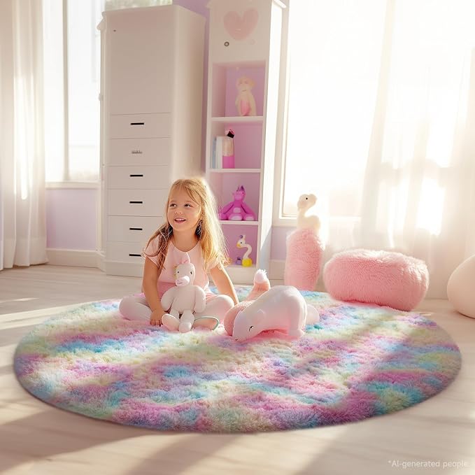 Ophanie Round Rugs 4Ft Rainbow Circle Area Rug, Colorful Unicorn Bedroom Dorm - Image 5