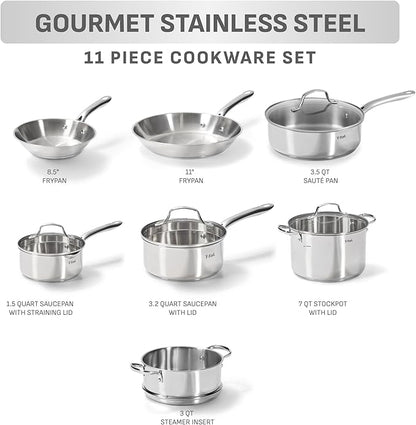 T-fal Stainless Steel Pots and Pans Set 11 Piece, Oven Broiler Safe 500F - Image 2