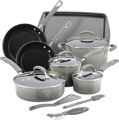 Rachael Ray Brights Nonstick Cookware Pots and Pans Set, 14 Piece, Sea Salt Gray by RachaelRayKitchenware