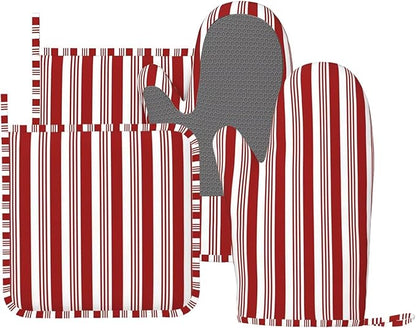 Abstract Red and White Striped Oven Mitts and Pot Holders Set by Unknown