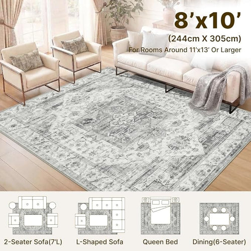 8x10 Area Rug for Living Room-Vintage Farmhouse Boho Floral Washable Stain - Image 2
