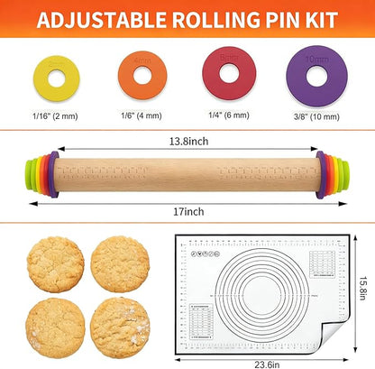 Rolling Pin With Thickness Rings, Adjustable Wooden Rolling Pin Set, 17 inch - Image 6