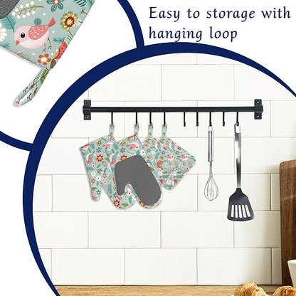 Birds Floral Potholders & Oven Mitts Sets Colourful Flowers Silicone Heat - Image 3