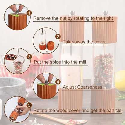 Acacia Wooden Salt and Pepper Grinder Set, 8 Inches Refillable Salt and Pepper - Image 5