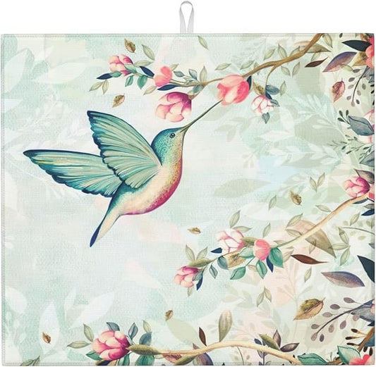Hummingbird Flowers Dish Drying Mat 16x18 Inch, Microfiber Absorbent Fast Dry by Unknown