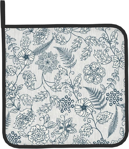 Blue Floral Oven Mitts Set – Vintage Pot Holders Kitchen Gloves - Image 9