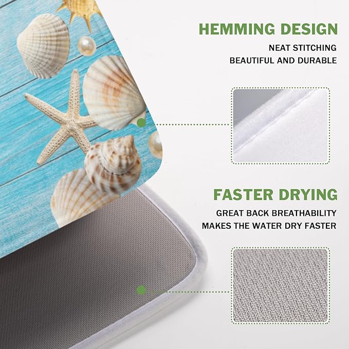 Summer Coastal Dish Drying Mat for Kitchen Counter Seashell Starfish Blue - Image 4