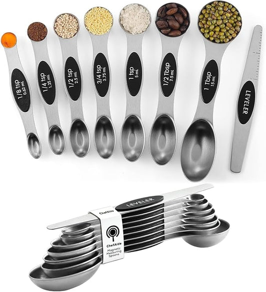 ChefAide Pack of 8 Stainless Steel Magnetic Measuring Spoons Set, Dual Sided by ChefAide