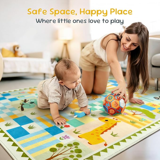 5x7 Washable Kid Playroom Rug, Unisex Green Safari Jungle Woodland Animal - Image 4