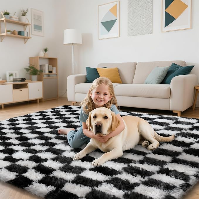 Checkered Rug for Living Room, 9x12 Black and White Area Rugs, Classic - Image 5
