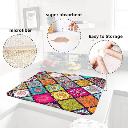 Plaid Floral Large Dish Drying Mats, Reversible Boho Dish Drying Pads - Image 6