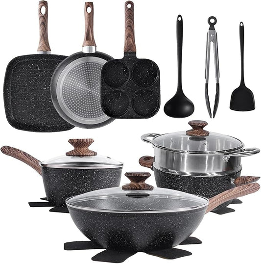 NEWBULIG 17-Piece Nonstick Cookware Set, Non-Toxic Pots and Pans by NEWBULIG