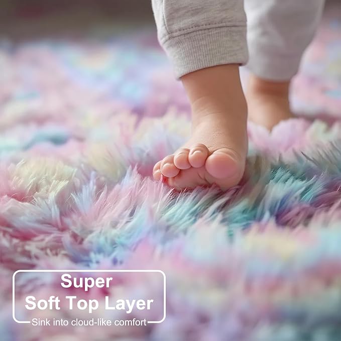 Rainbow Fluffy Kids Rugs for Girls Bedroom, Unicorn Room Decor Aesthetic - Image 4