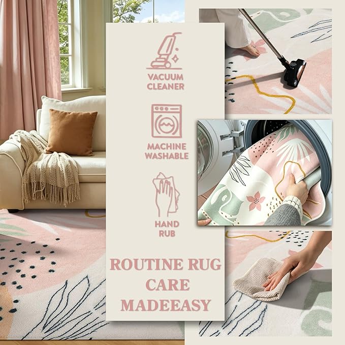 Lahome Pink Boho Living Room Rug 6x9, Washable Non Slip Soft Botanical Area Rug - Image 5