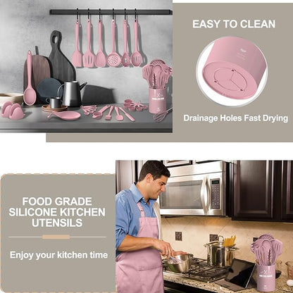 Silicone Cooking Kitchen Utensil Set, AIKKIL 43 Pcs Pink Cooking Utensils Set - Image 7