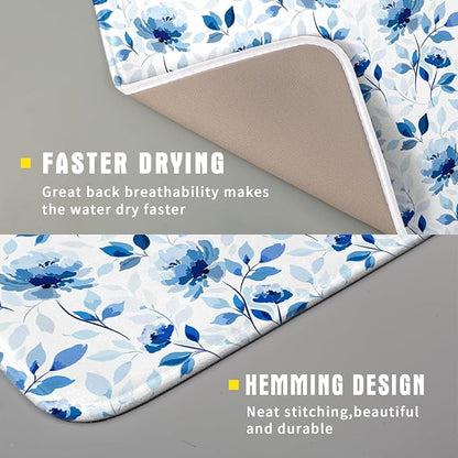 Blue Floral Dish Drying Mat 16x18 inch Flower Leaves Dish Rack Pad Microfiber - Image 3