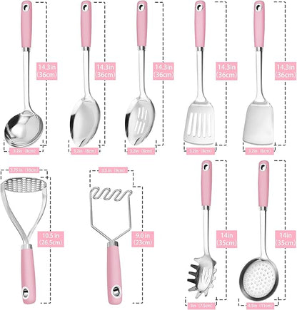 18/0 Stainless Steel Cooking Utensils Set, Heavy Duty Pink Handle - Image 4