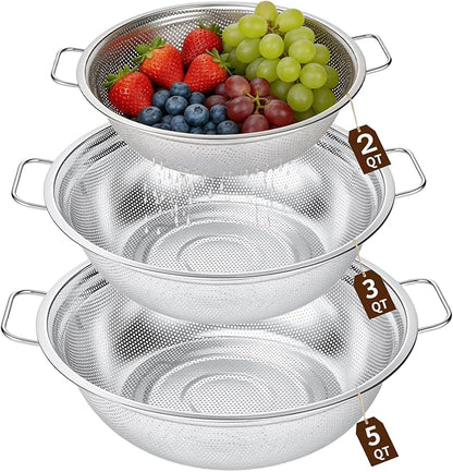Colander Set of 3, Stainless Steel Micro-Perforated Colanders Strainers by HomeGood4Less