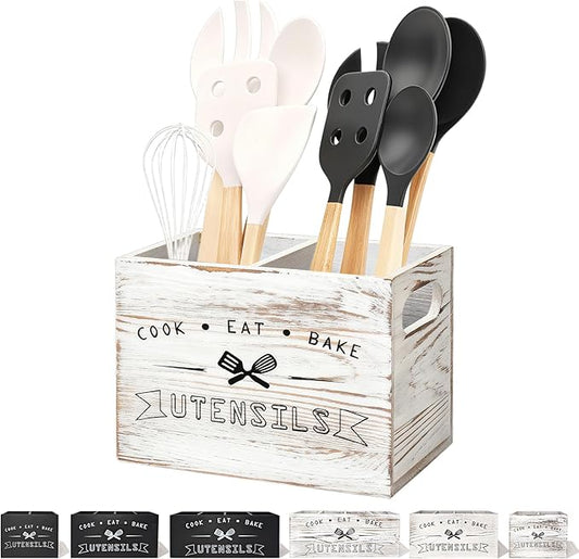 Retro White Wood Kitchen Utensil Holder by Unknown