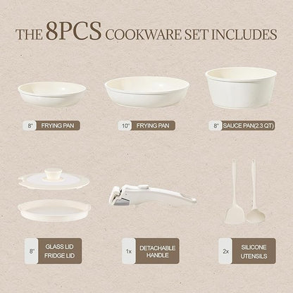 Ceramic Cookware Set Non Stick 8Pcs Pots and Pans Set Detachable Handle - Image 2