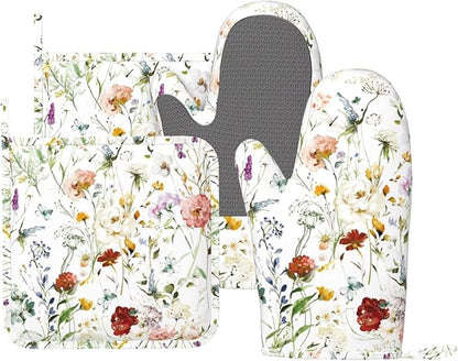Wildflower Flower Oven Mitts and Pot Holders Set of 4 Silicone Boho Butterfly by BOKEKANG