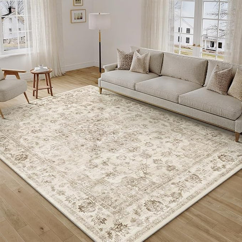 7x9 Washable Neutral Area Rug Beige Vintage Living Room Bedroom Carpet Non-Slip by WondRg