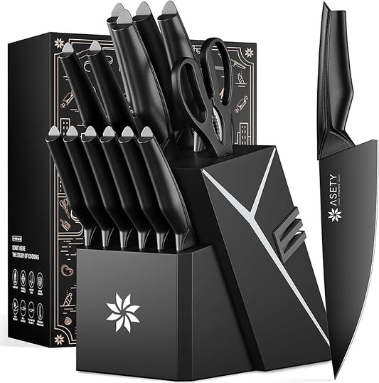 Kitchen Knife Sets with Block -15 PCS Knife Set with Bulti-in Sharpener by ASETY