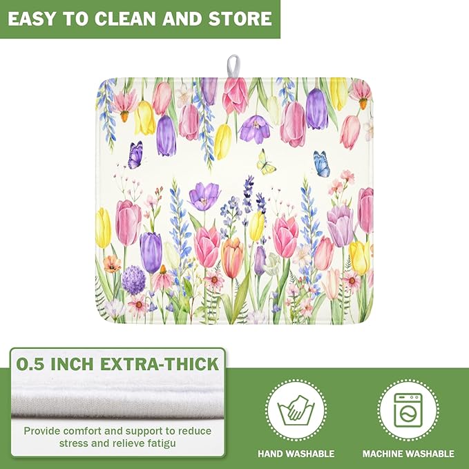 Spring Floral Dish Drying Mat for Kitchen Counter Easter Tulip Lavender Flower - Image 5