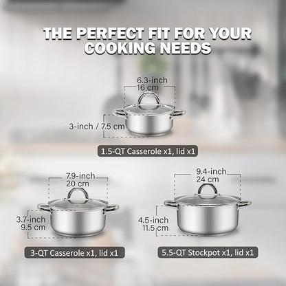 Cook N Home 6-Piece Stainless Steel Pots Set, 1.5 & 3 Qt Sauce Pots - Image 3